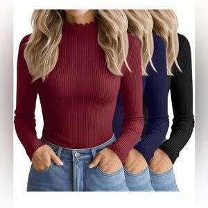🆕3 Pack Women's Cotton Long Sleeve Mock Turtleneck Tops
